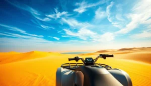 Tourists riding quad bikes through golden sand dunes in the Dubai desert at sunset, enjoying an adventurous experience