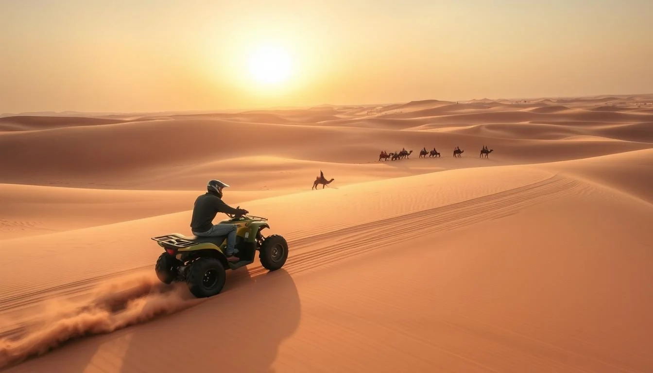 Tourists riding powerful quad bikes across the stunning red dunes of the Dubai desert, kicking up sand as they explore the vast landscape