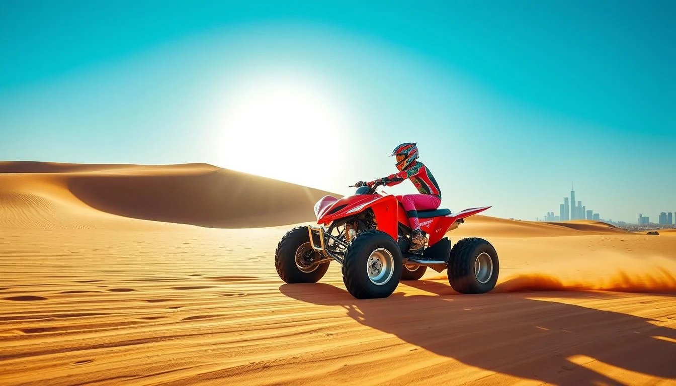 Tourists riding quad bikes across golden Dubai desert dunes at sunset, kicking up sand and enjoying the thrill of adventure.