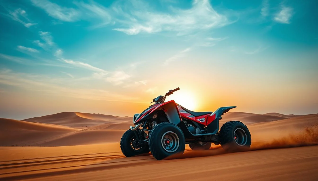 Tourists riding quad bikes across vast golden dunes in the UAE desert under a clear blue sky, kicking up sand