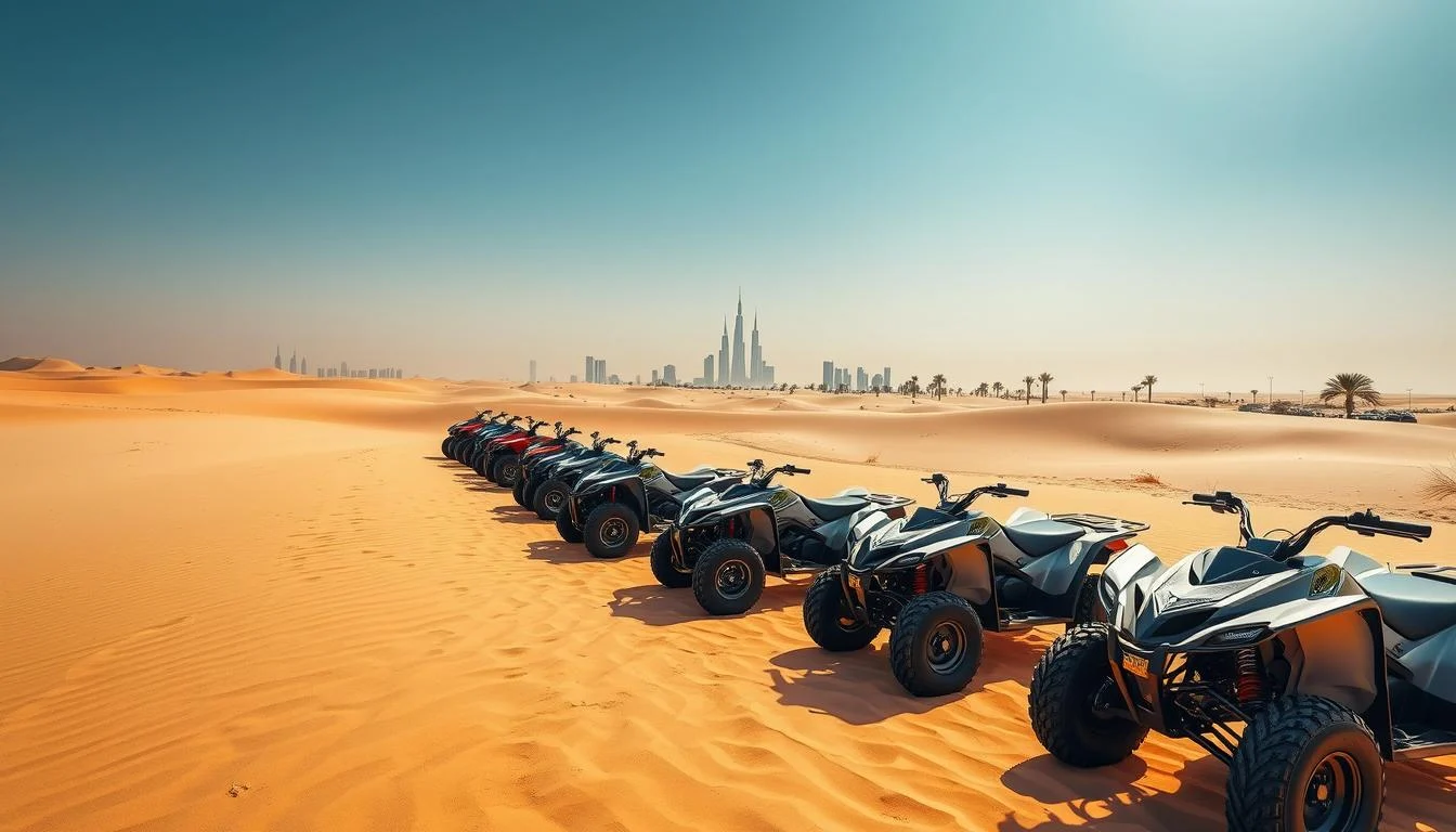Tourists riding quad bikes across the golden sand dunes of the Dubai desert at sunset, kicking up sand