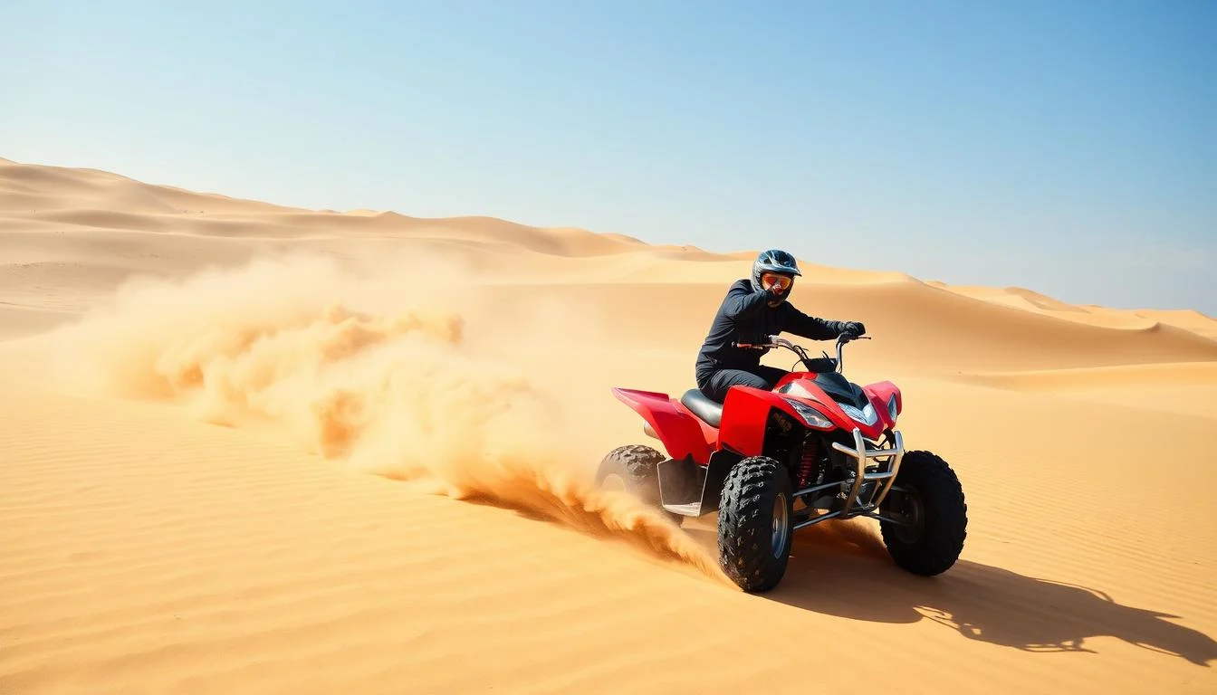 Tourists riding quad bikes across red Dubai desert dunes at sunset, kicking up sand and enjoying the adventure