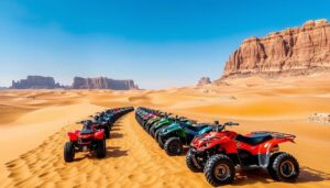 Tourists riding quad bikes across golden sand dunes in the Dubai desert under a clear blue sky, kicking up sand as they explore