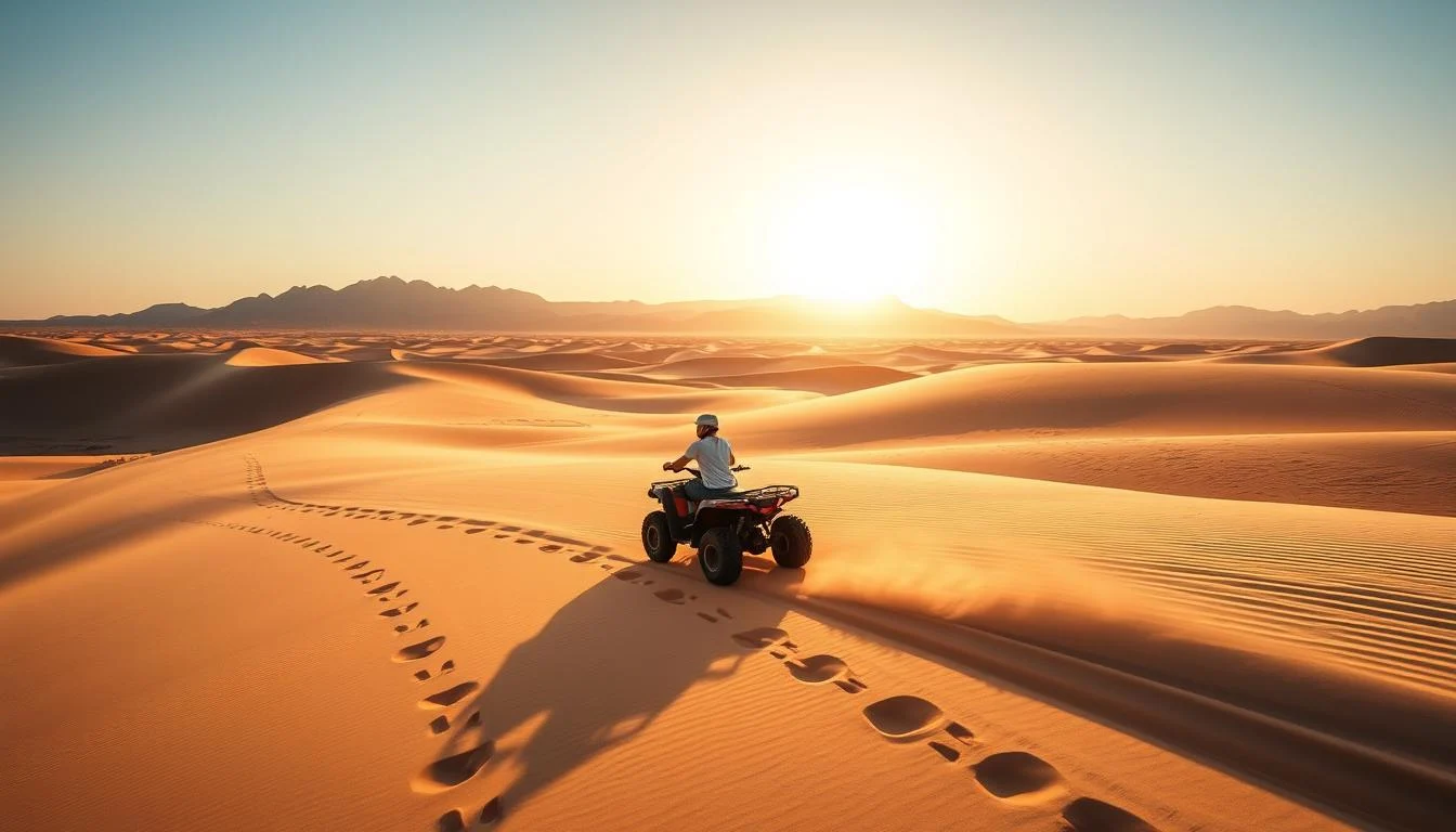 Tourists riding quad bikes across golden Dubai desert dunes under a clear sky, experiencing an adrenaline-fueled adventure