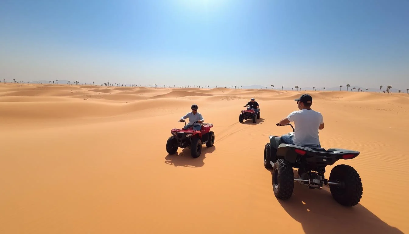 Tourists riding quad bikes across red Dubai desert dunes at sunrise, kicking up sand as they navigate the terrain