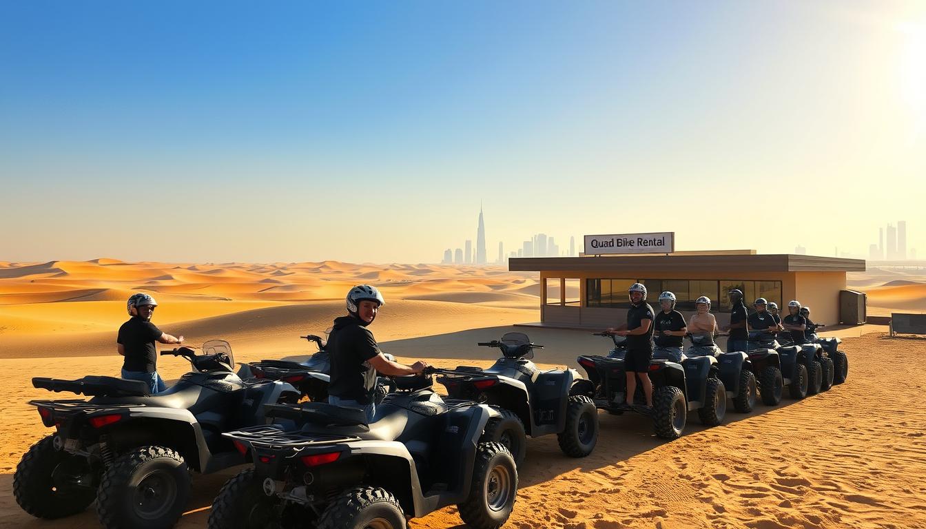 Tourists riding quad bikes across vast red Dubai desert dunes, kicking up sand at sunset during an adventure tour