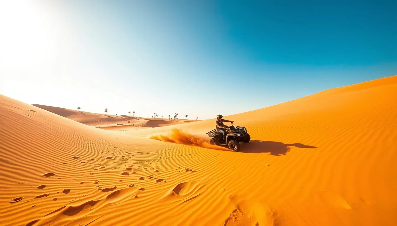 Lone rider on a quad bike carving across a huge orange sand dune in the Dubai desert