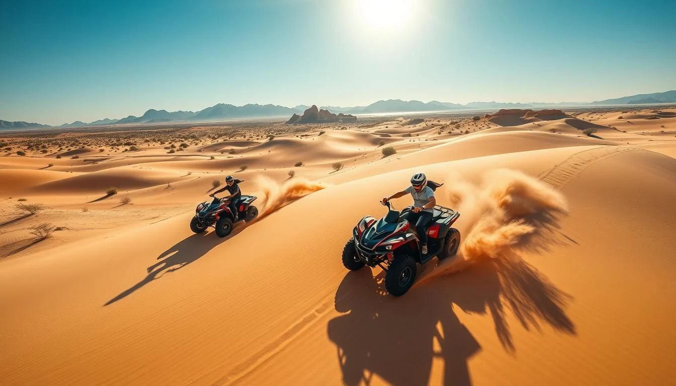 Two riders on quad bikes crossing sunlit dunes with mountains on the horizon on a Dubai desert safari