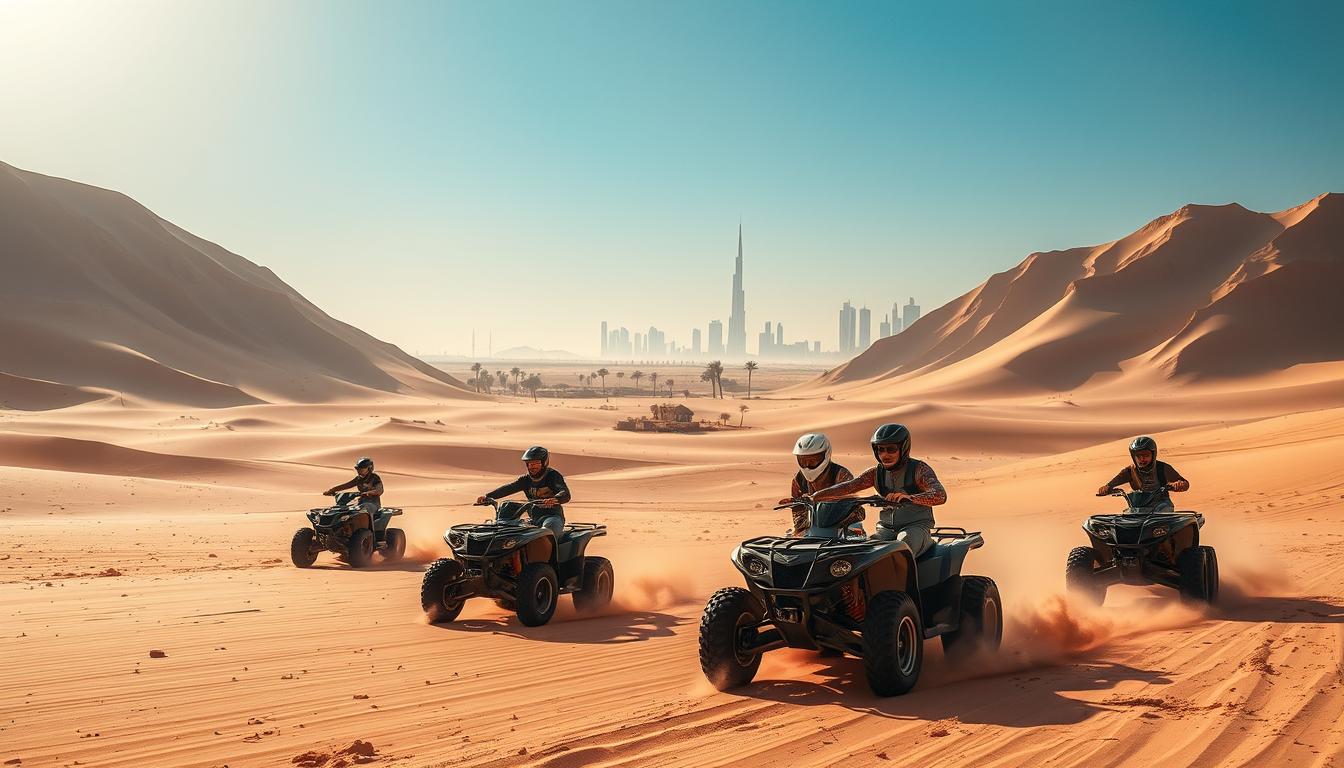 Tourists riding quad bikes across the vast, golden sand dunes of Dubai's desert under a clear sky