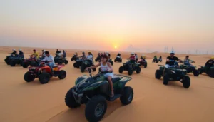 Young girl on a green quad bike among adult riders in the Dubai desert at sunset, quad biking for all ages