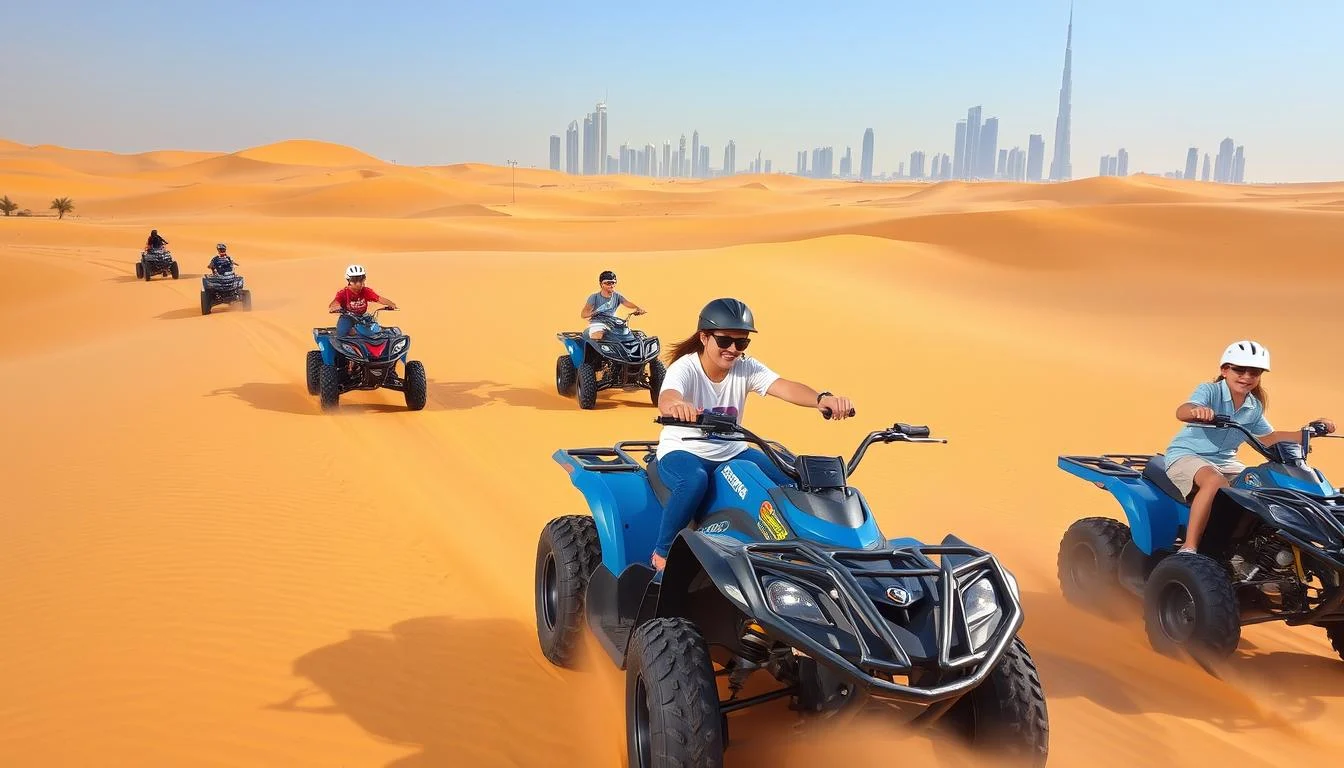 Tourists riding quad bikes across red Dubai desert dunes at sunset, with a guide leading the way