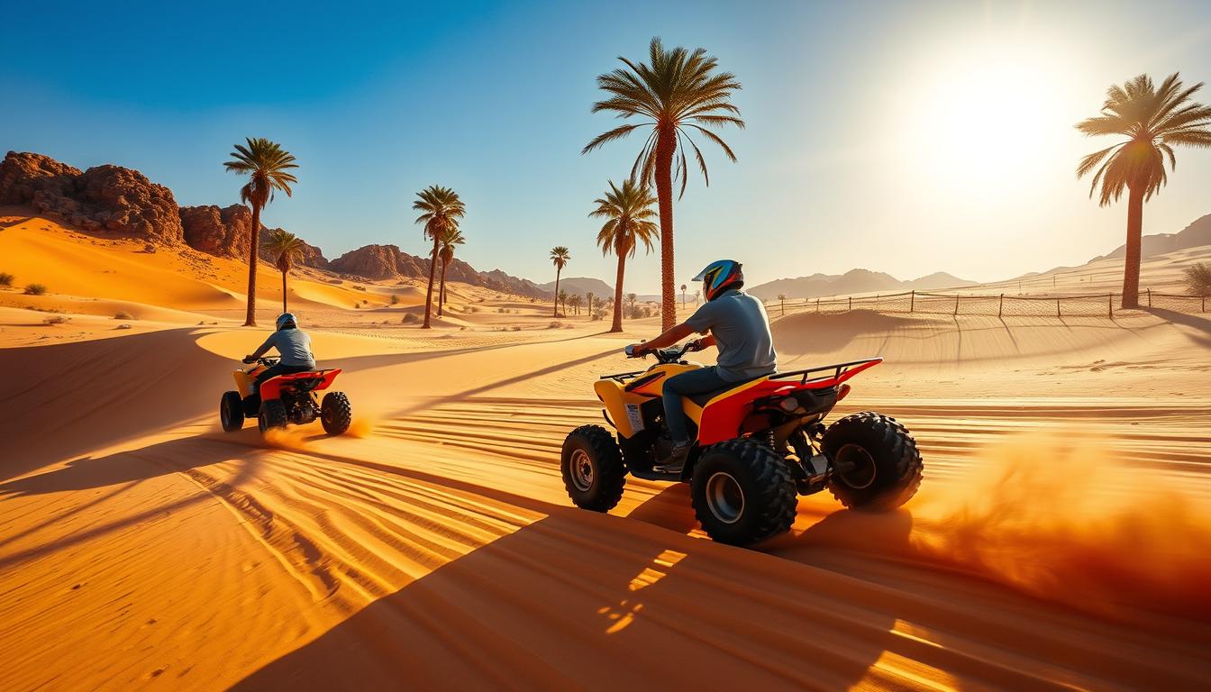 Tourists riding quad bikes across the golden sand dunes of the Dubai desert, with the sun setting in the background