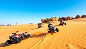 Riders on quad bikes speeding over golden dunes with rock formations and a palm tree on a Dubai quad biking tour