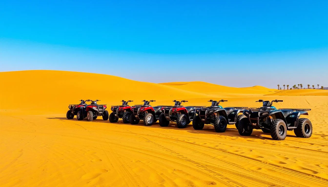 Tourists riding quad bikes across the golden sands of the Dubai desert at sunset, kicking up dust as they explore the vast landscape
