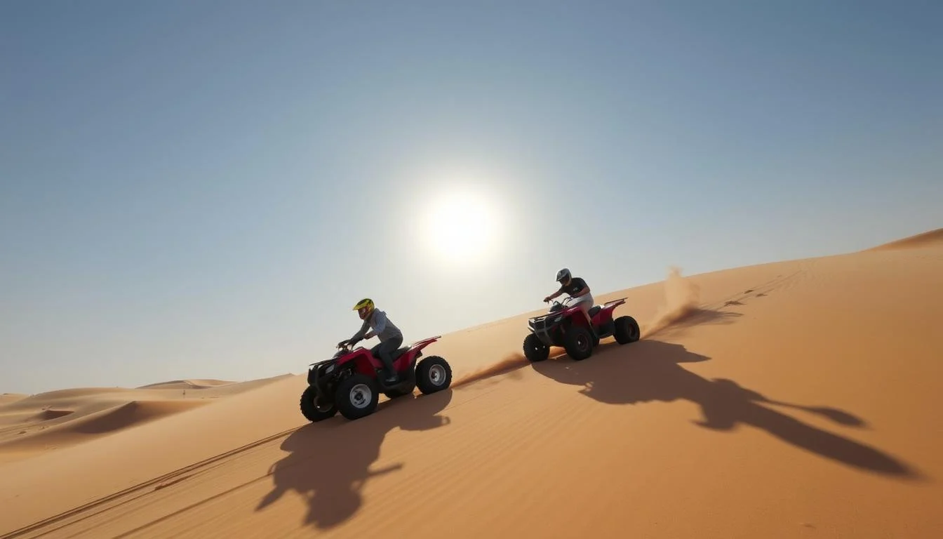 Two riders on red quad bikes climbing a sand dune under a bright sun in the Dubai desert