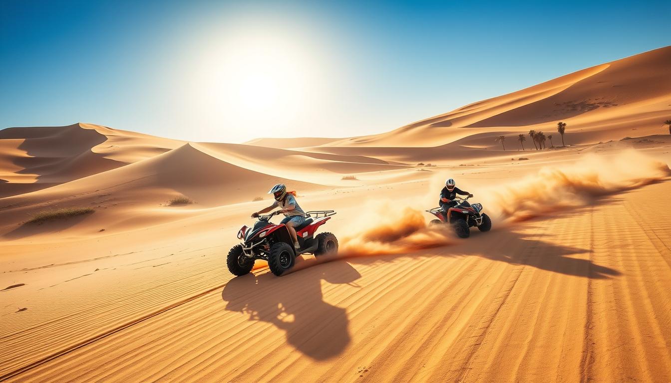 Tourists wearing helmets and protective gear, riding quad bikes across golden Dubai desert dunes under a clear blue sky