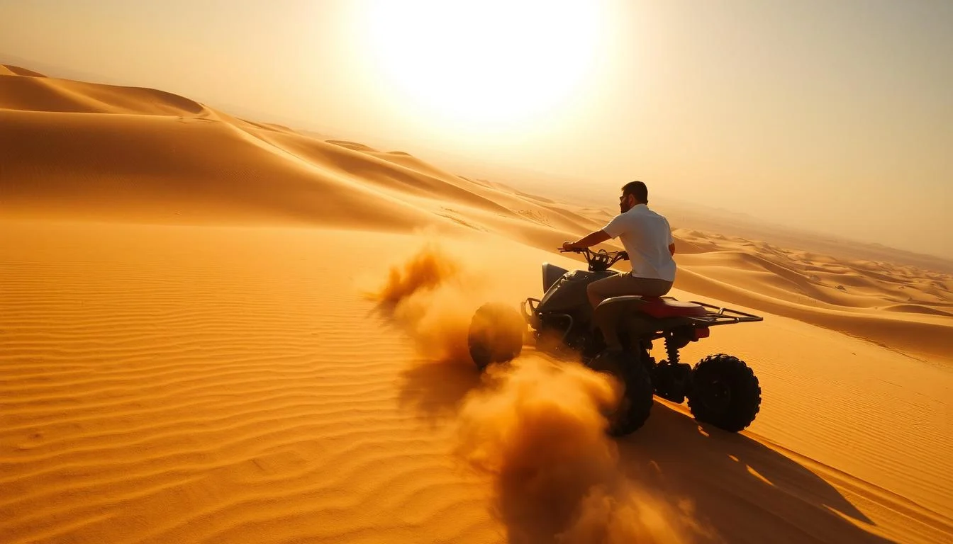 Tourists riding quad bikes across vast red dunes in the Dubai desert under a clear blue sky, kicking up sand
