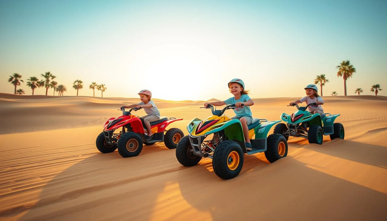 Children wearing helmets and protective gear, riding small quad bikes across the golden sand dunes of the Dubai desert with adult supervision