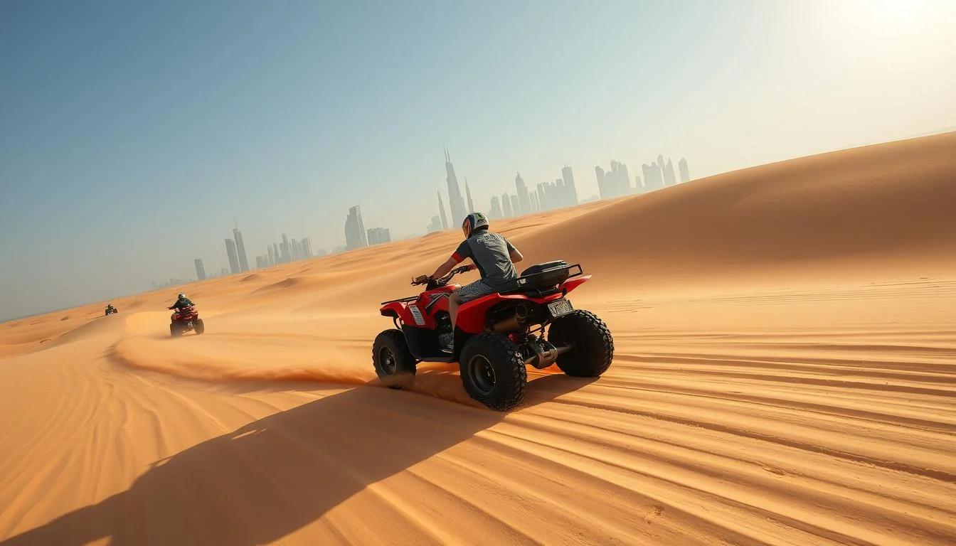 Tourists wearing helmets and protective gear riding quad bikes across golden sand dunes in the Dubai desert at sunset