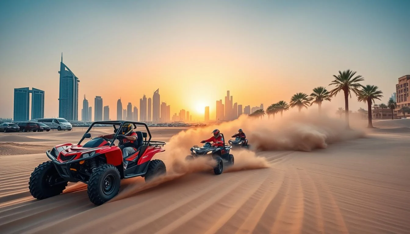 Tourists riding quad bikes across sun-kissed dunes near Dubai Marina with the city skyline in the background at sunset