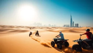 Quad bike riders crossing sand dunes toward the Dubai skyline on a quad biking tour