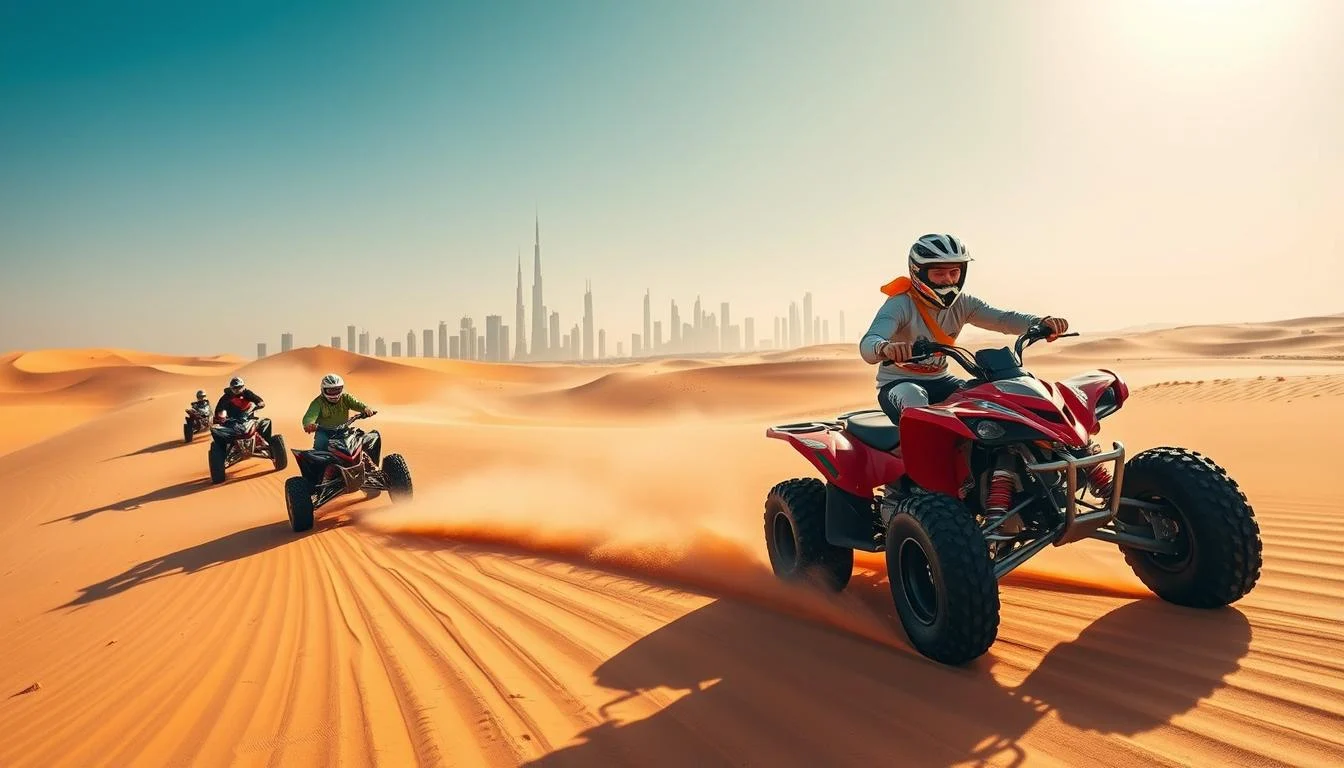 Tourists riding quad bikes across the vast, sun-kissed dunes of Dubai's desert, kicking up sand as they speed along