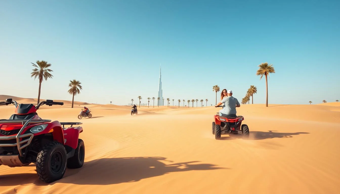 Tourists riding quad bikes across the vast golden sands of the Arabian desert in Dubai during a thrilling adventure tour