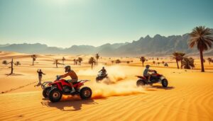 Three riders on red quad bikes kicking up dust across desert dunes with palm trees and rocky mountains on a quad biking tour