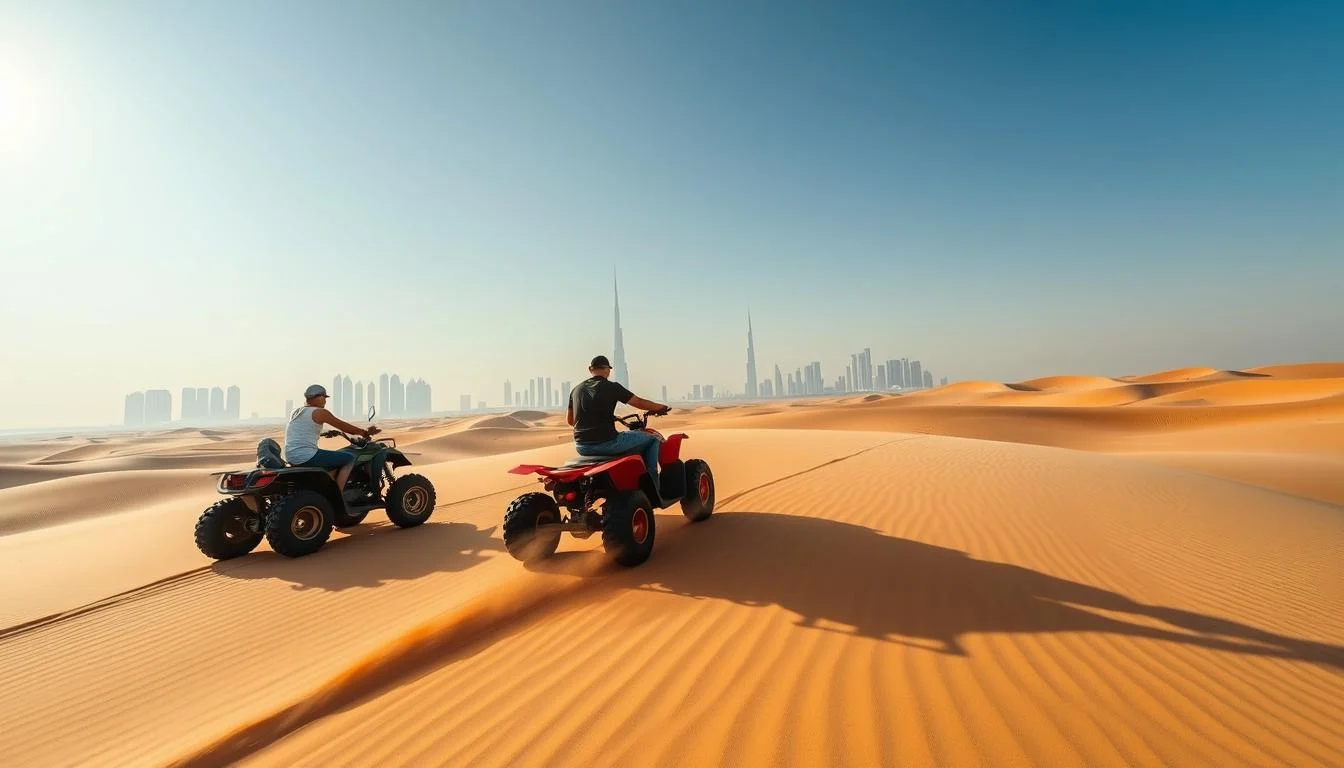 Tourists riding quad bikes across golden Dubai desert dunes at sunset with a clear blue sky overhead