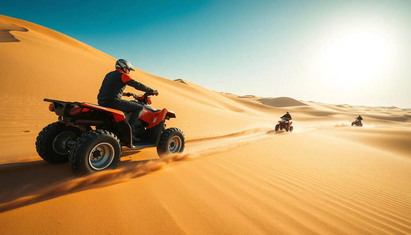 Tourists riding quad bikes across vast red Dubai desert dunes at sunset, kicking up sand as they navigate the challenging terrain