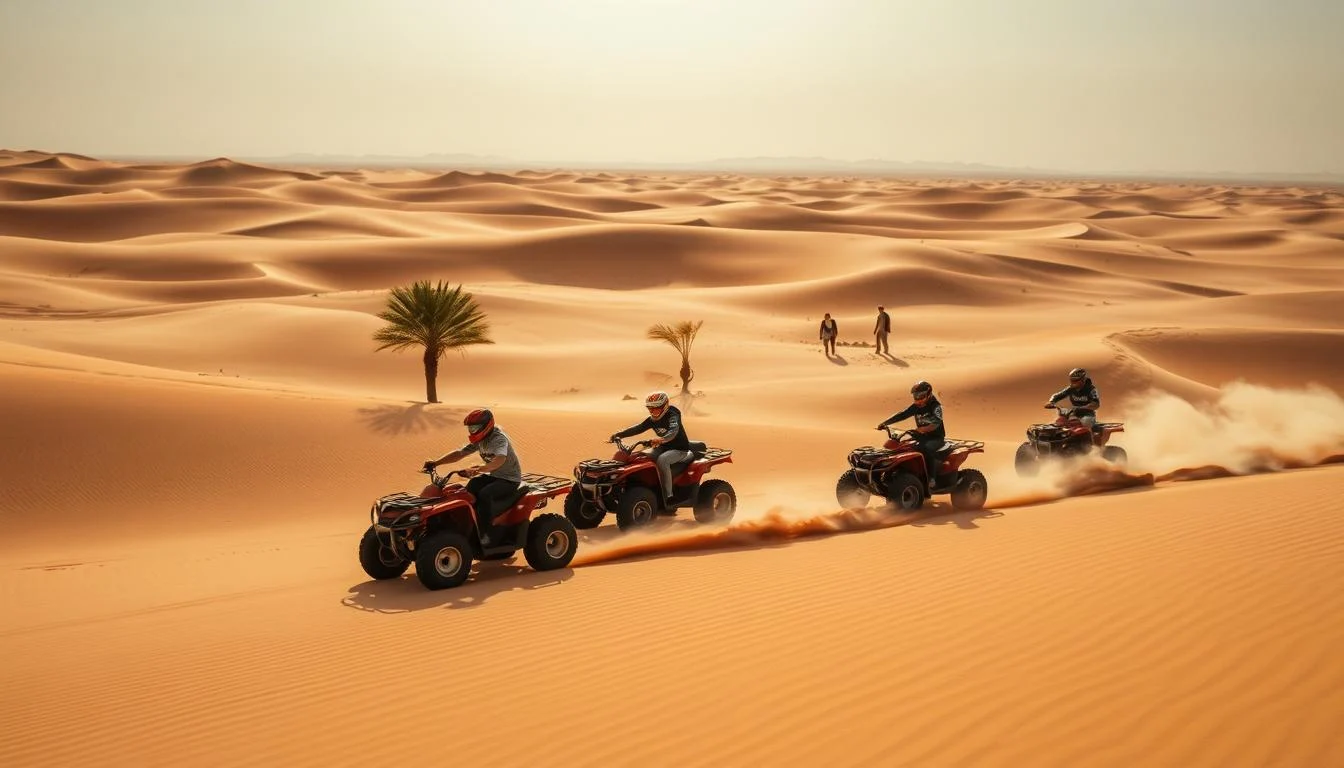 Tourists riding quad bikes across red Dubai desert dunes, kicking up sand at sunset with a clear sky
