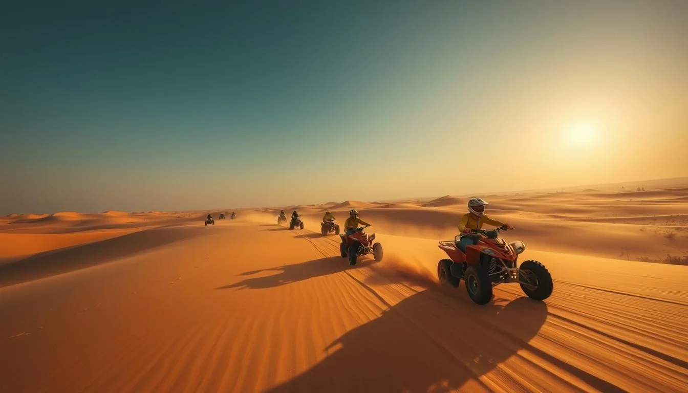 Tourists riding quad bikes in a convoy across the vast red sand dunes of the Dubai desert under a clear blue sky