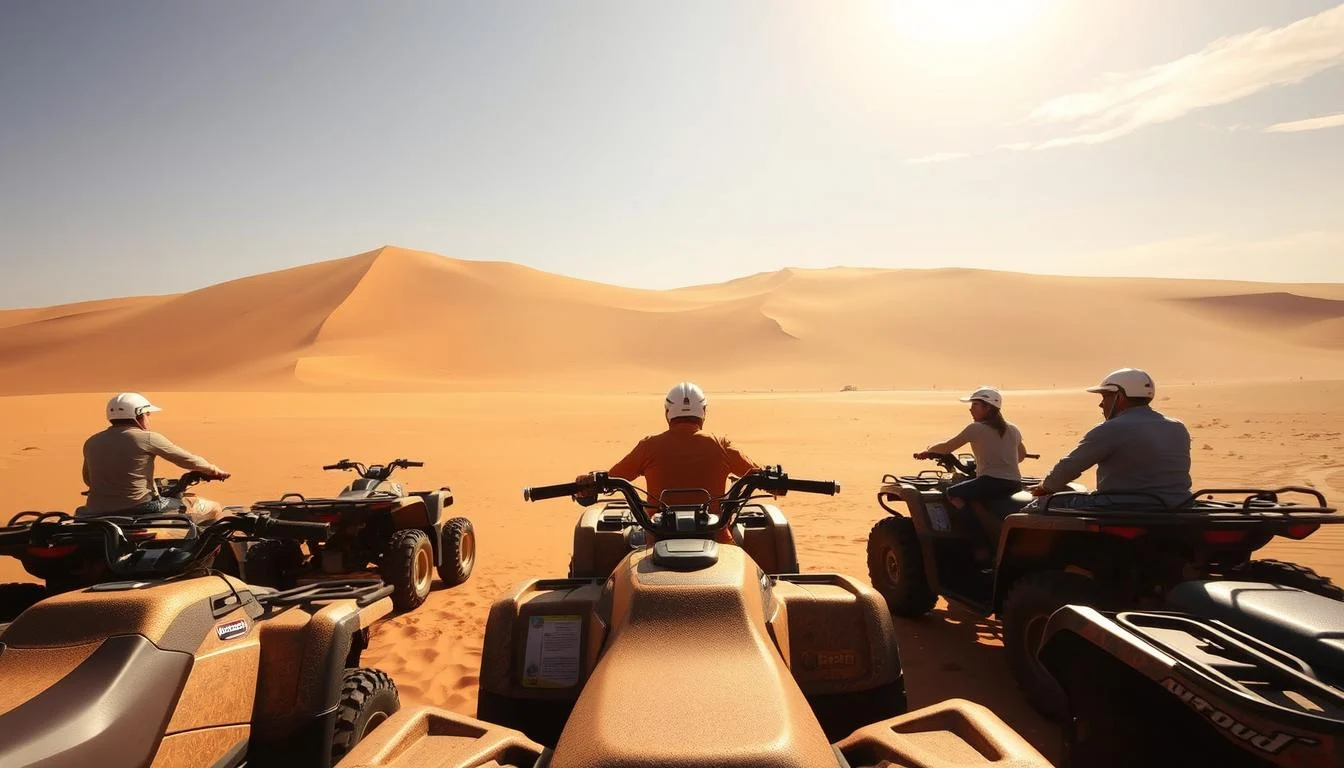 Tourists riding quad bikes across the vast, golden sand dunes of the Arabian desert in Dubai, feeling the rush of adrenaline