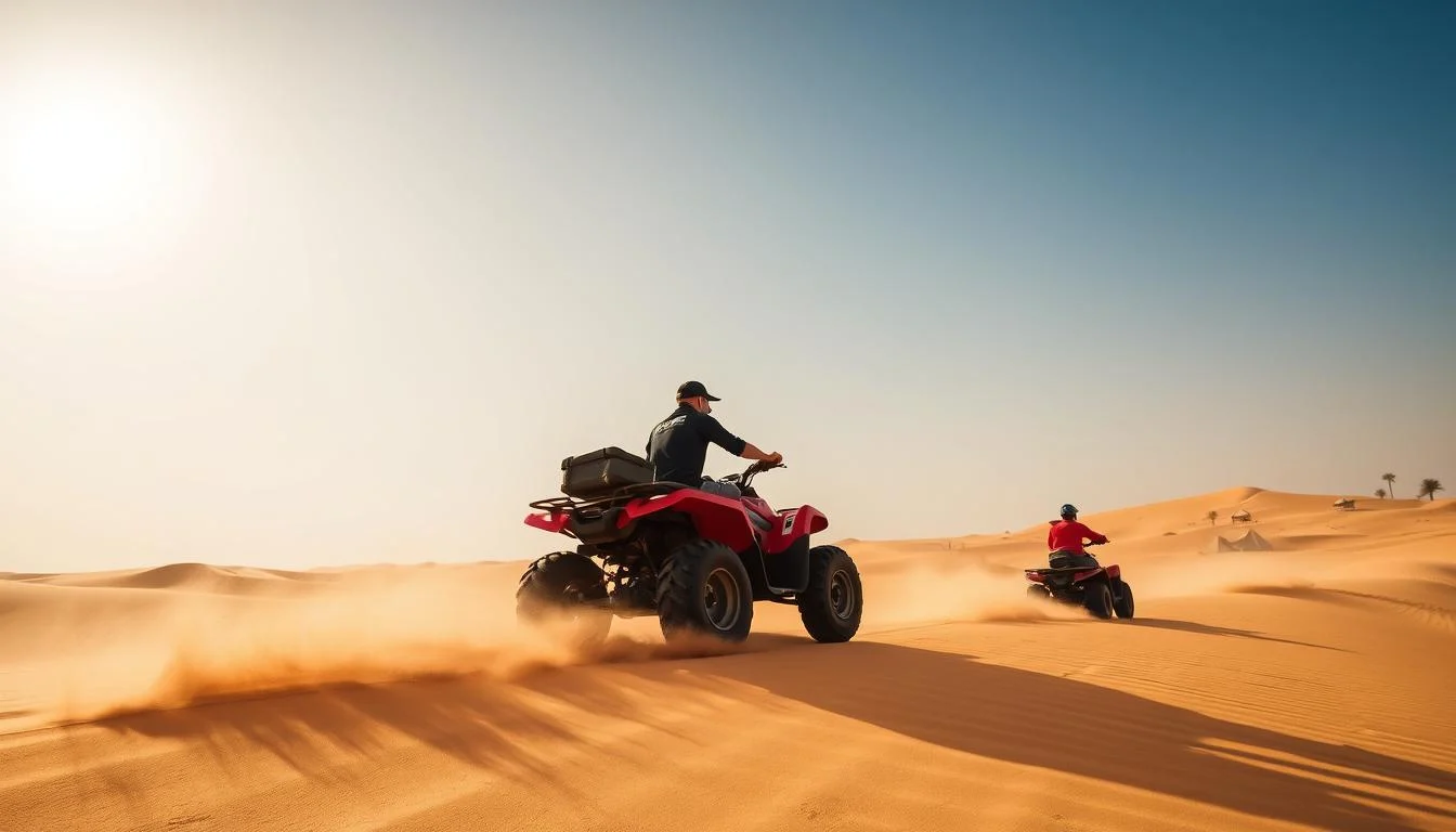 Tourists riding quad bikes across golden Dubai desert dunes at sunset, with vast sandy landscapes stretching into the distance
