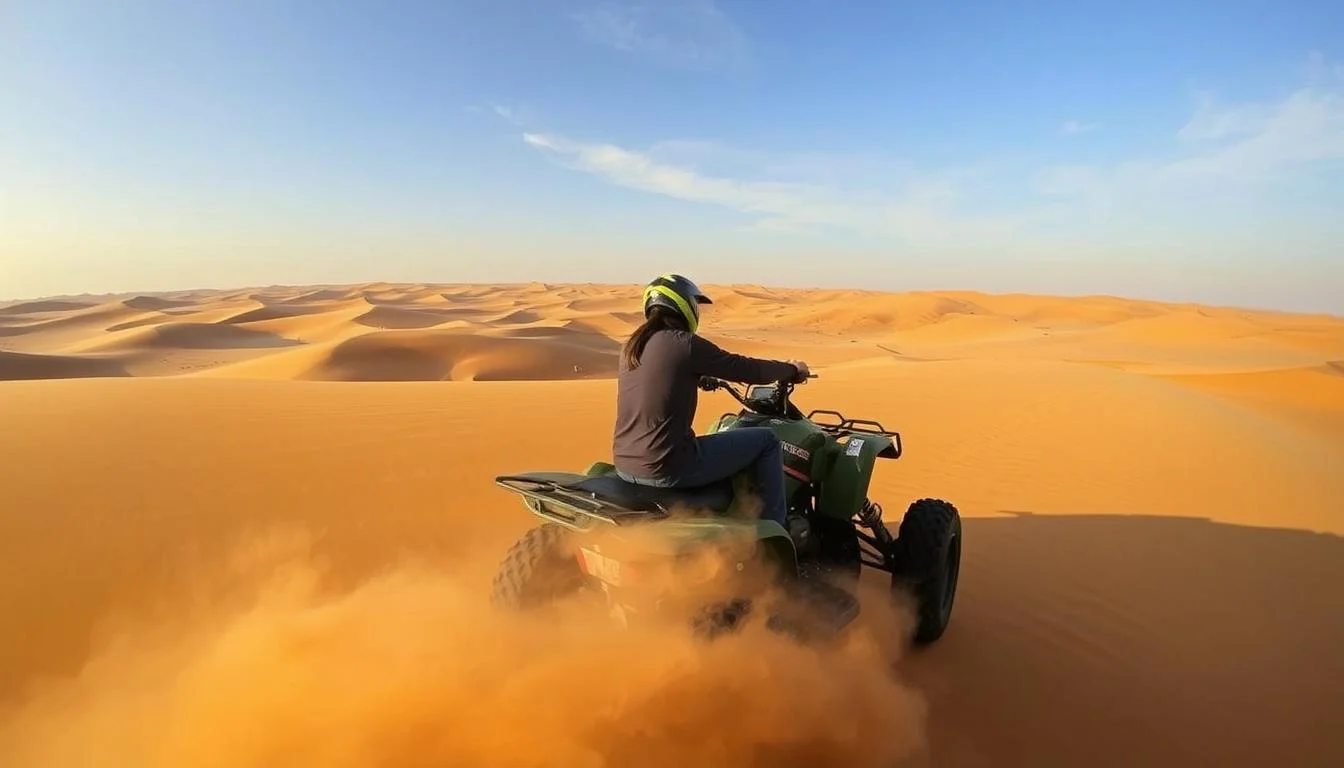 Tourists riding quad bikes across red Dubai desert dunes with a clear blue sky overhead, kicking up sand