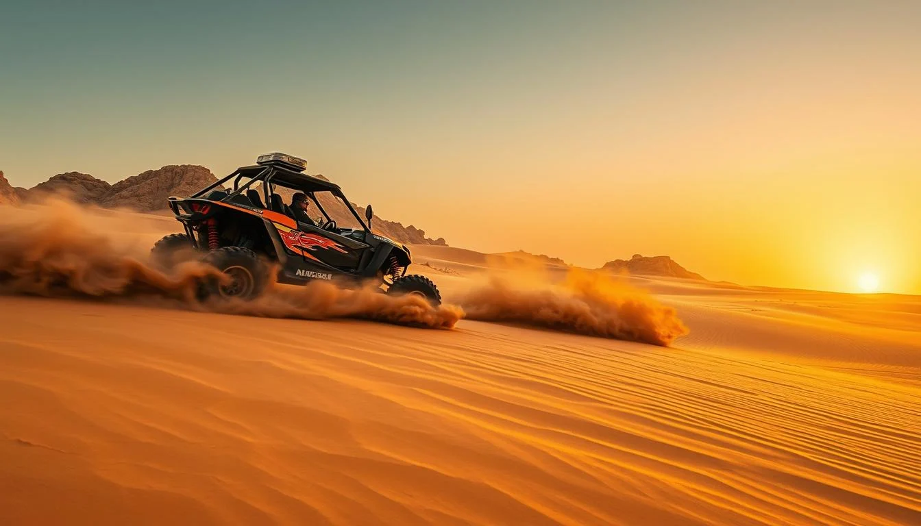 Black and orange sand buggy tearing across the dunes at sunset, kicking up clouds of sand