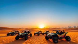 Tourists riding dune buggies across red Dubai dunes at sunset, enjoying an exhilarating off-road desert adventure