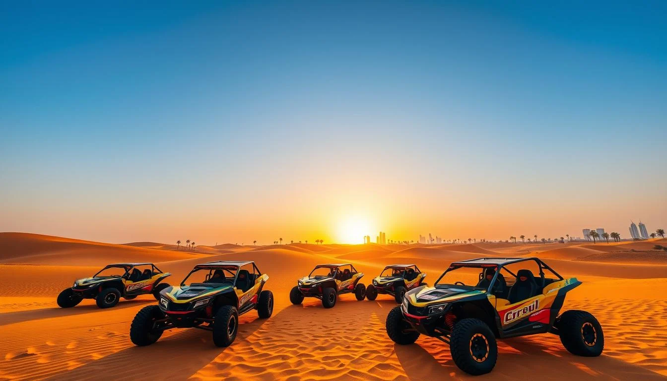 Tourists riding dune buggies across red Dubai dunes at sunset, enjoying an exhilarating off-road desert adventure