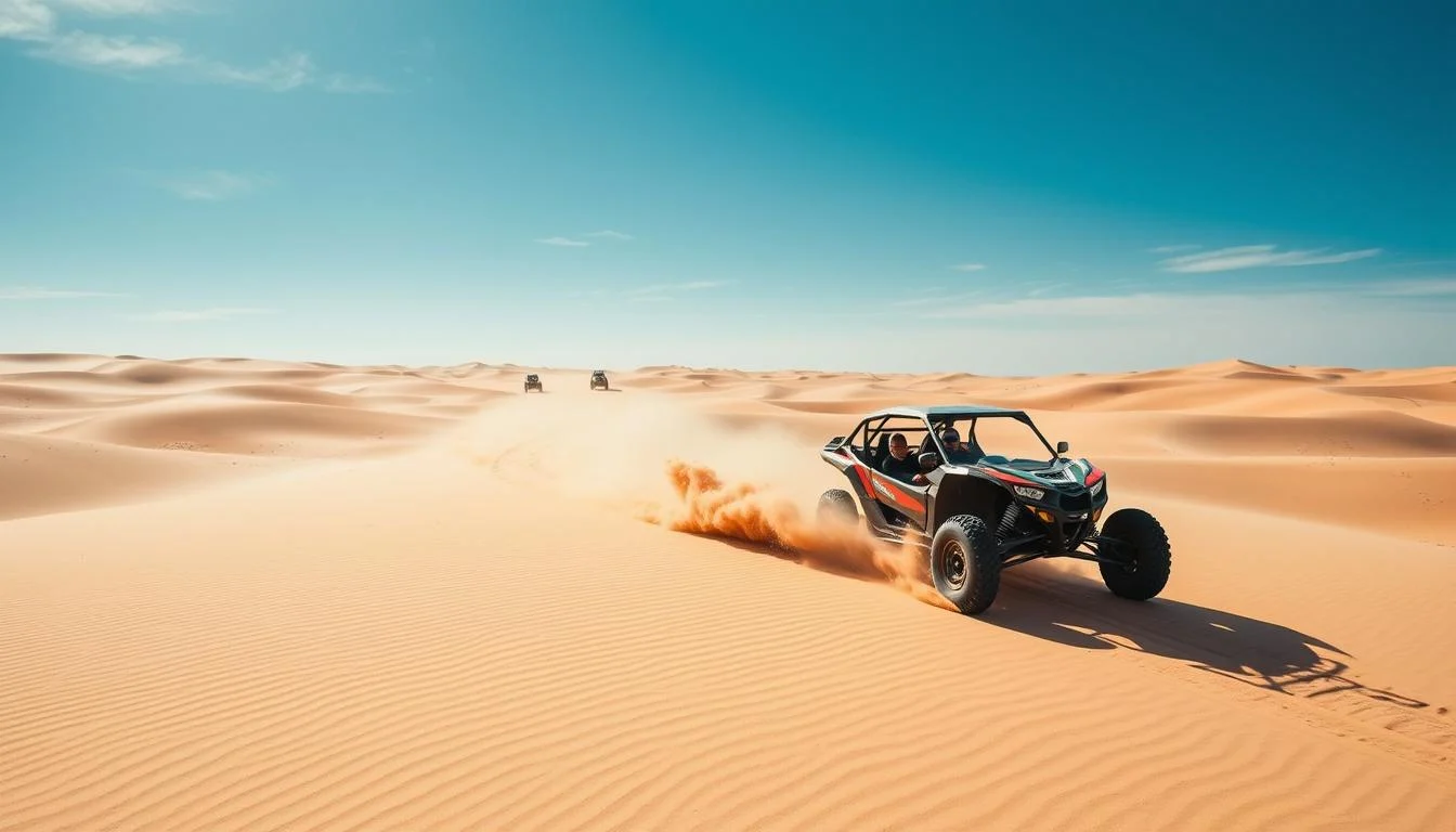Tourists driving high-performance dune buggies across the vast red and gold desert dunes of Abu Dhabi under a clear sky
