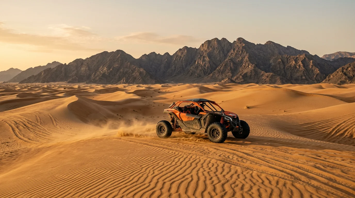 Dune buggy on desert dunes with Ras Al Khaimah mountains behind