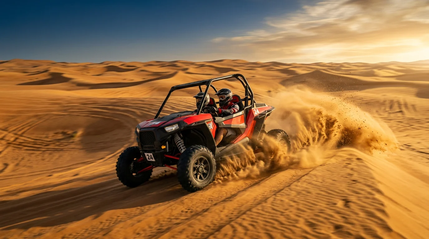 Self-drive dune buggy speeding across golden Dubai desert dunes at golden hour