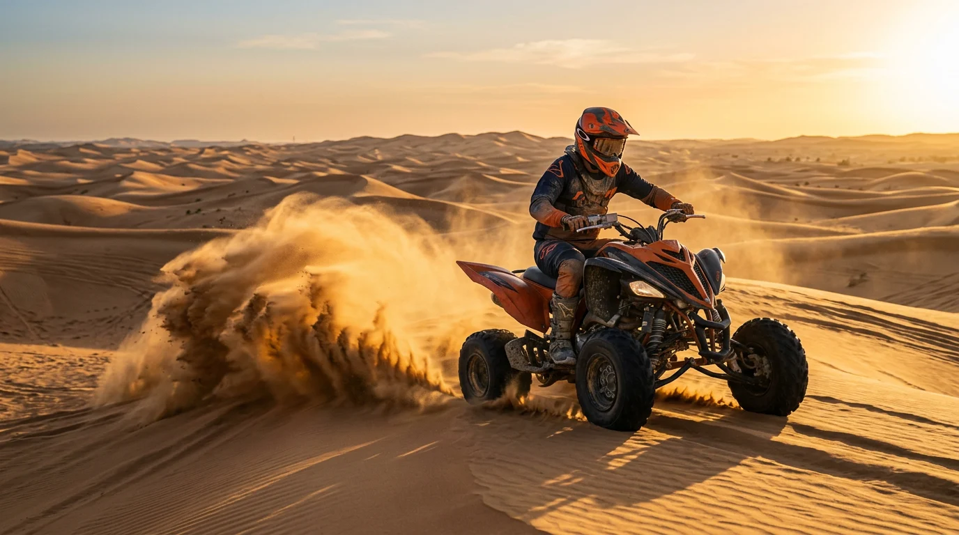 First-time rider safely driving a self-drive dune buggy across Sharjah desert dunes at golden hour