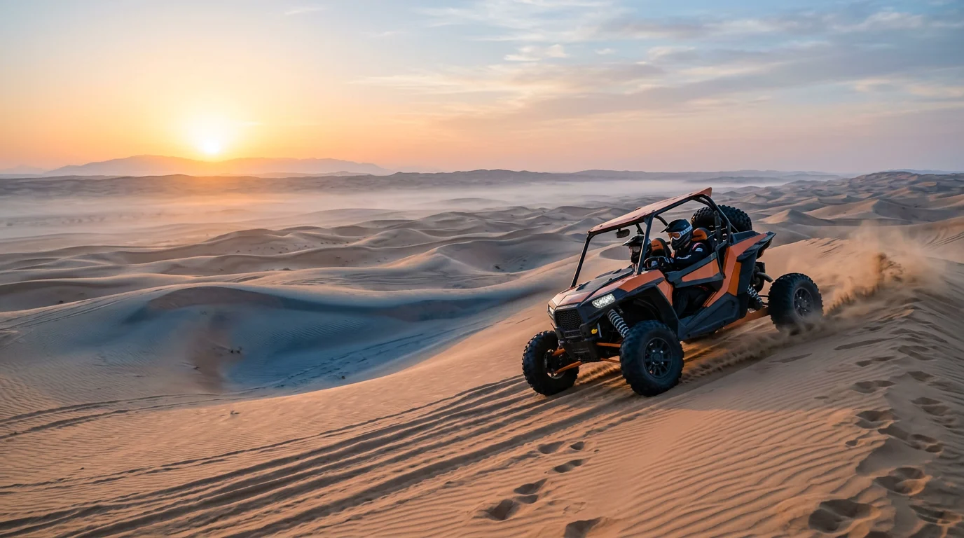 Self-drive dune buggy racing across golden Sharjah desert dunes on a morning safari