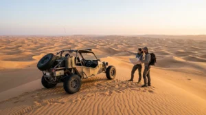 Self-drive dune buggy racing across golden Abu Dhabi desert dunes at golden hour