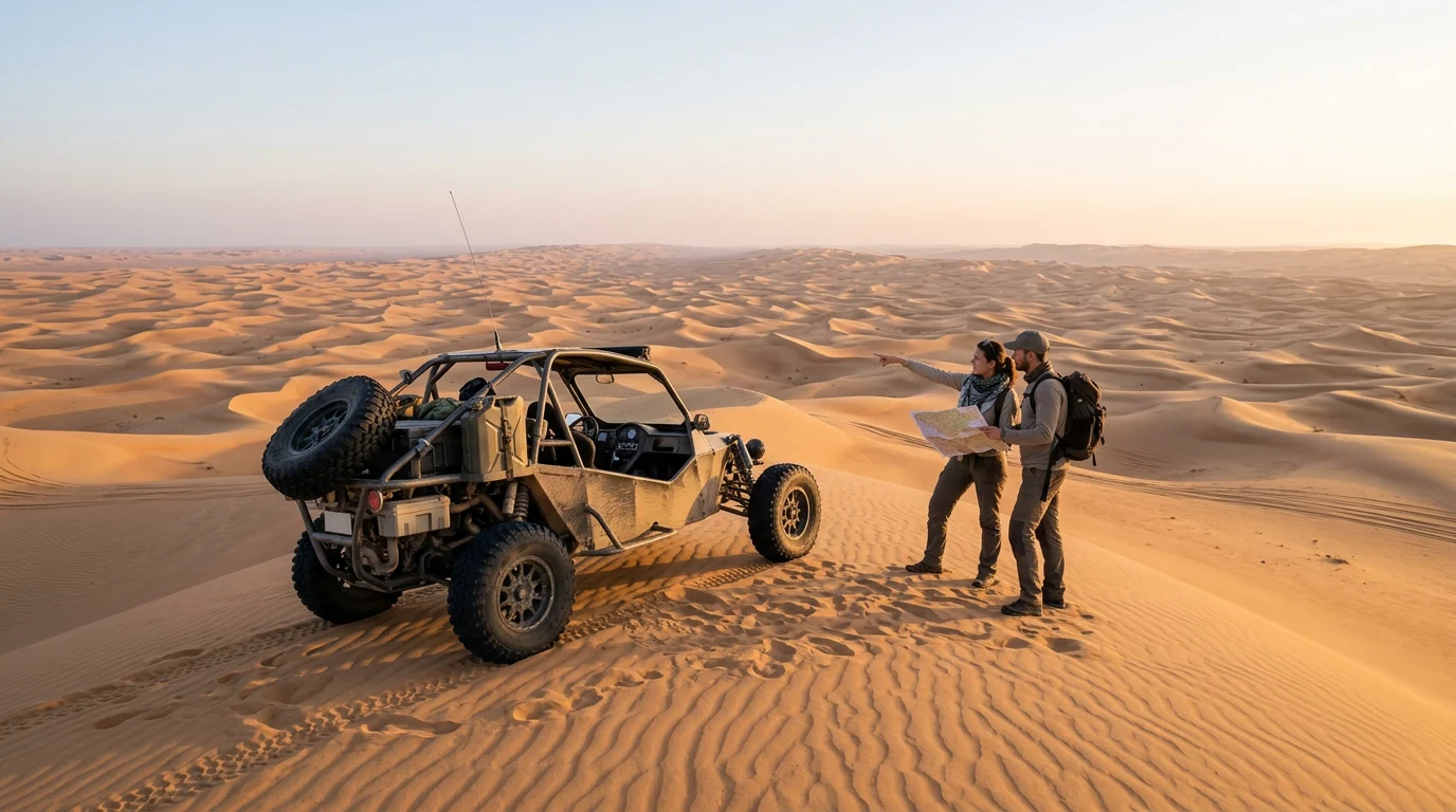 Self-drive dune buggy racing across golden Abu Dhabi desert dunes at golden hour
