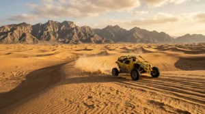 Yellow dune buggy speeding across Ras Al Khaimah desert with Hajar mountains behind