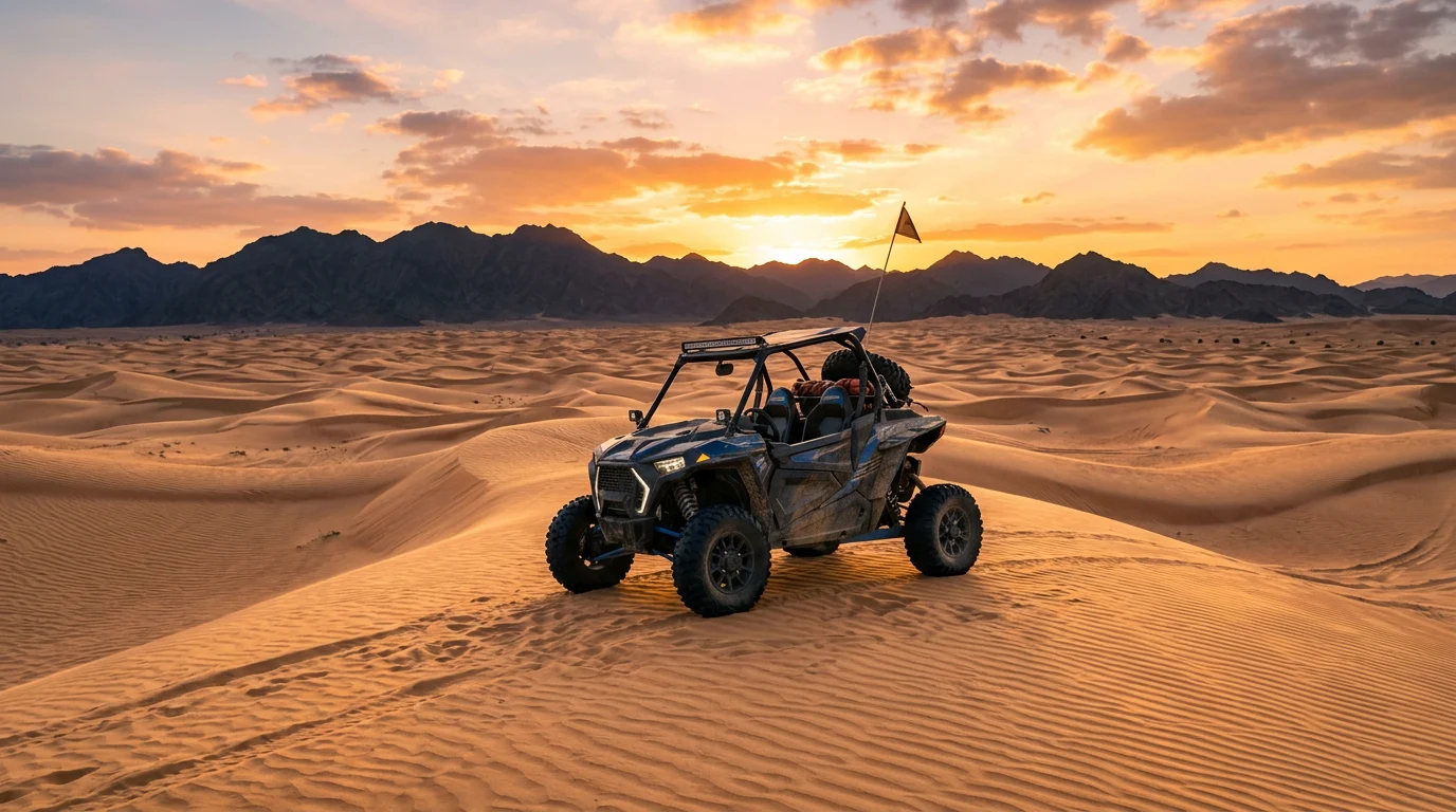 Dune buggy on Ras Al Khaimah desert dunes at sunset with mountains on the horizon