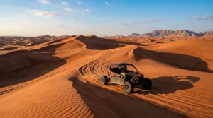 Dune buggy on dramatic red-orange Sharjah desert dunes