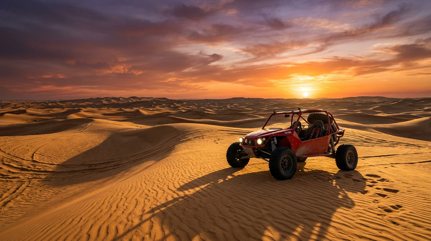 Red dune buggy on golden Dubai desert dunes at sunset