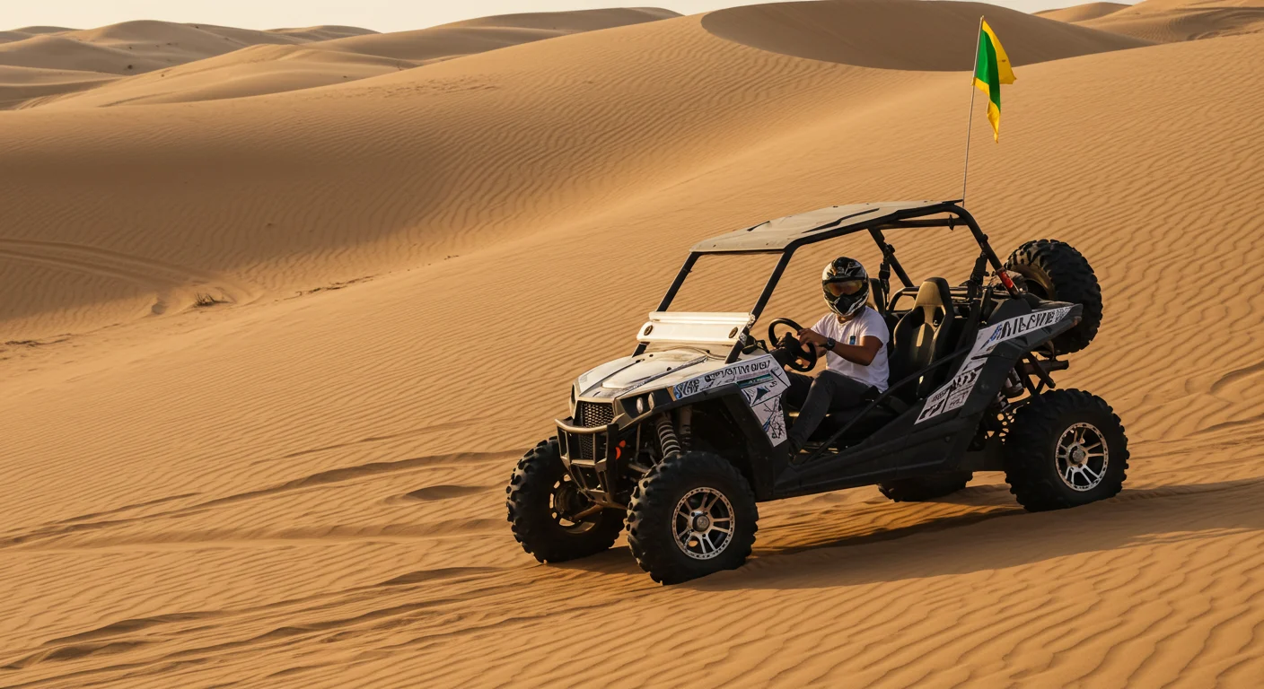 Self-drive dune buggy carving across golden Ras Al Khaimah dunes at sunset on an evening desert safari